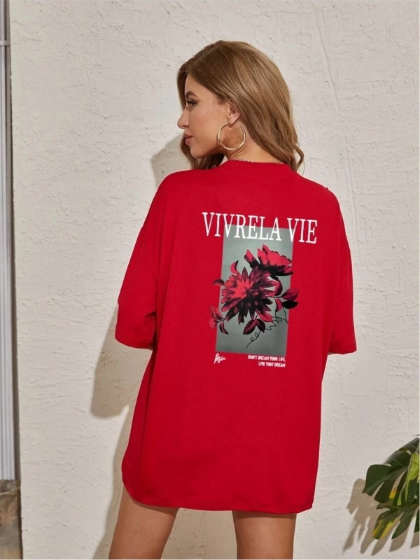 Unisex Kırmızı Vivre La Vie Baskılı Oversize Bisiklet Yaka Penye Tişört