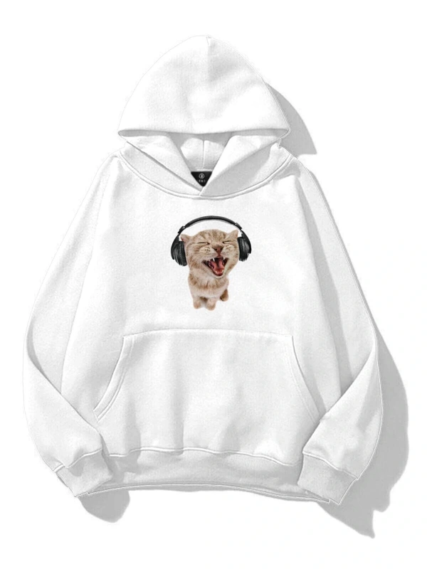 Unisex Kulaklıklı Kedi Sweatshirt Beyaz