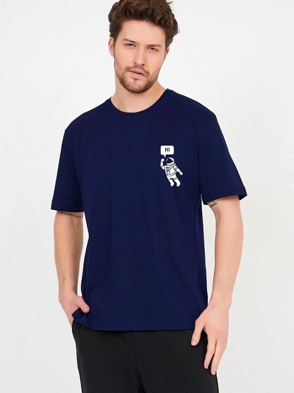 Unisex Lacivert Önü Hi Astronot Baskılı Bol Kesim Oversize Pamuklu Tshirt