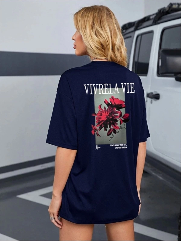 Unisex Lacivert Vivre La Vie Baskılı Oversize Bisiklet Yaka Penye Tişört