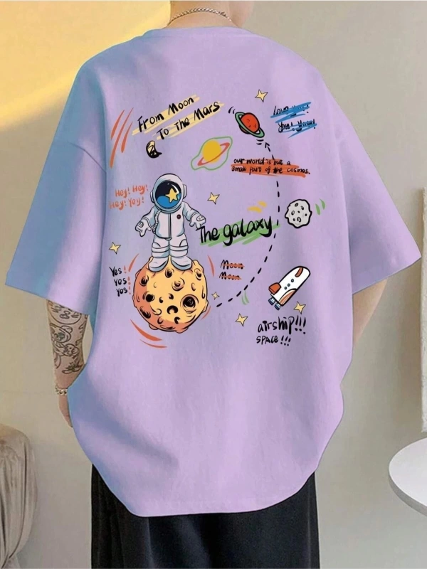 Unisex Lila The Galaxy Gezegen Baskılı Oversize Bisiklet Yaka Tshirt