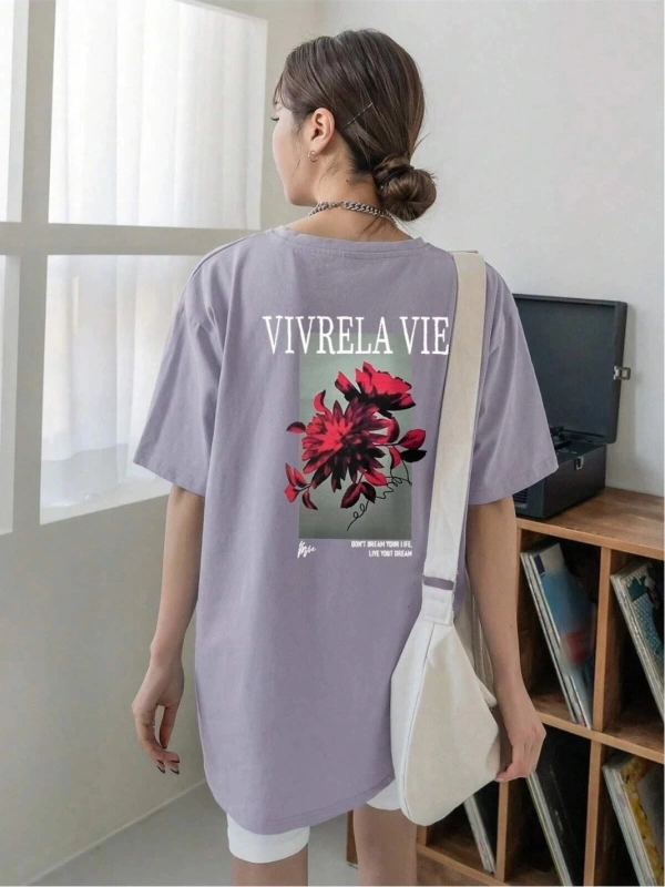 Unisex Lila Vivre La Vie Baskılı Oversize Bisiklet Yaka Penye Tişört