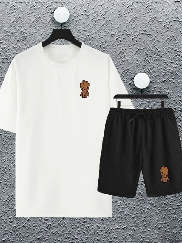 Unisex Marvel Groot Baskılı Oversize Tshirt Ve Şort Eşofman Takımı