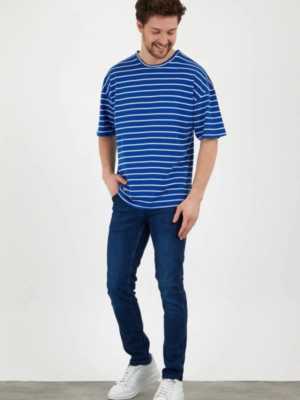 Unisex Mavi Beyaz Çizgili Oversize Tshirt