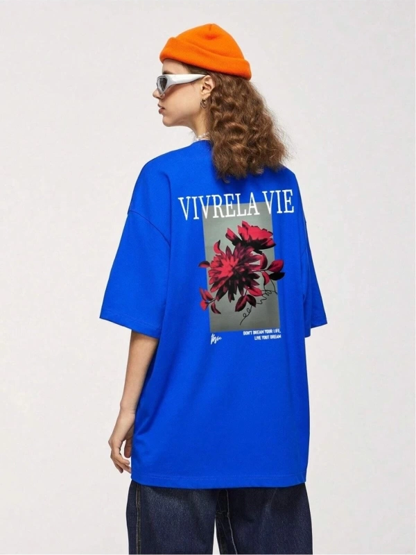 Unisex Mavi Vivre La Vie Baskılı Oversize Bisiklet Yaka Penye Tişört