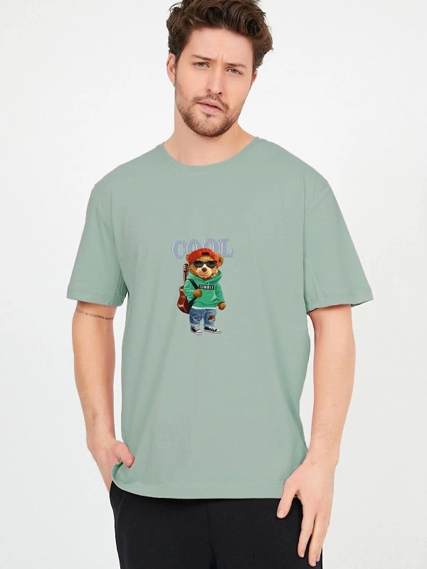 Unisex Mint Önü Cool Ayıcık Baskılı Bol Kesim Oversize Pamuklu Tshirt