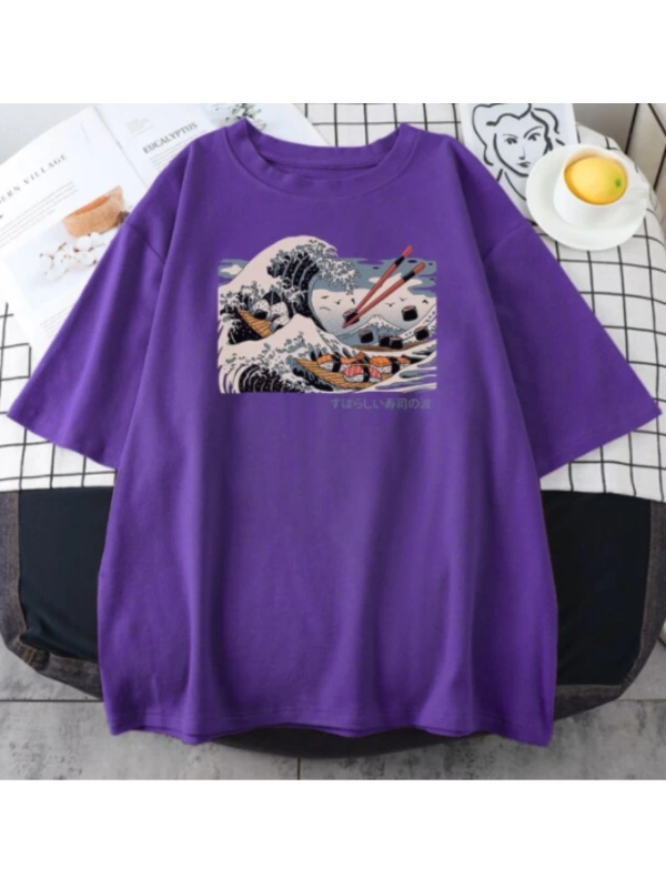 Unisex Mor Japon Dalga Baskılı Oversize Bisiklet Yaka T-shirt