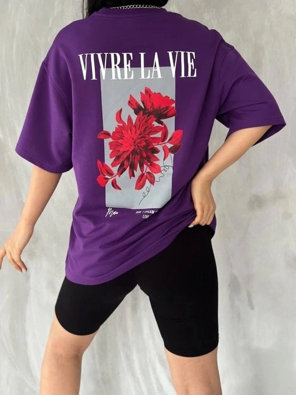 Unisex Mor Vivre La Vie Baskılı Oversize Bisiklet Yaka Penye Tişört