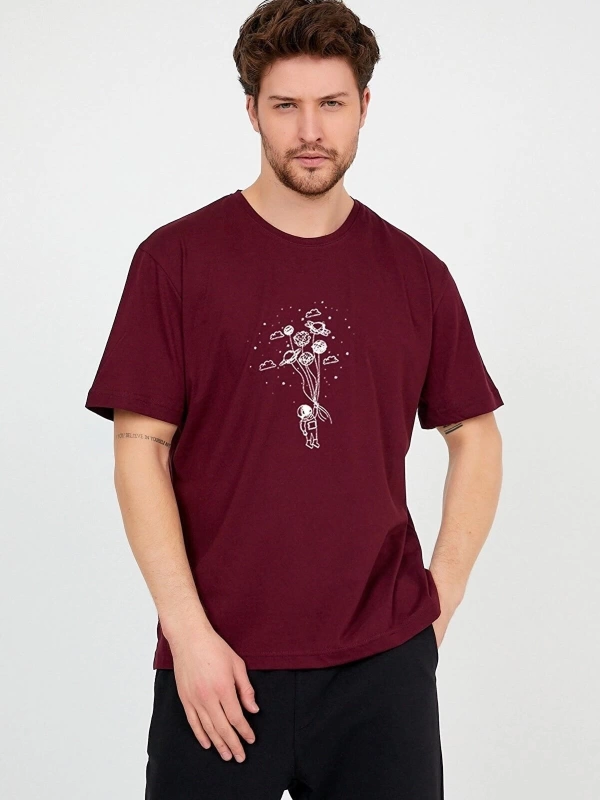 Unisex Mürdüm Bordo Önü Uçan Balon Baskılı Bol Kesim Oversize Pamuklu Tshirt