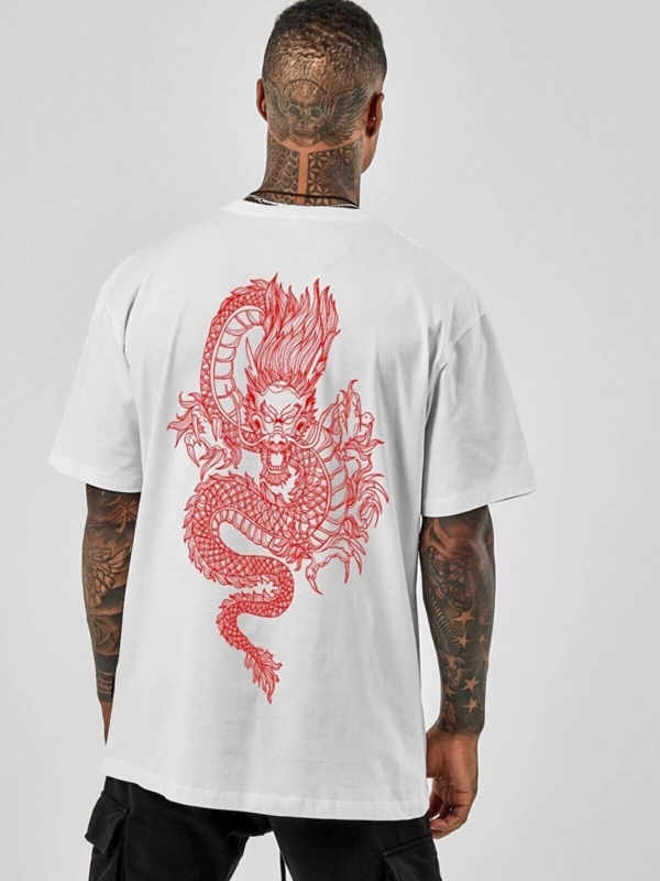 Unisex Oversize Dragon Baskılı Beyaz Tshirt