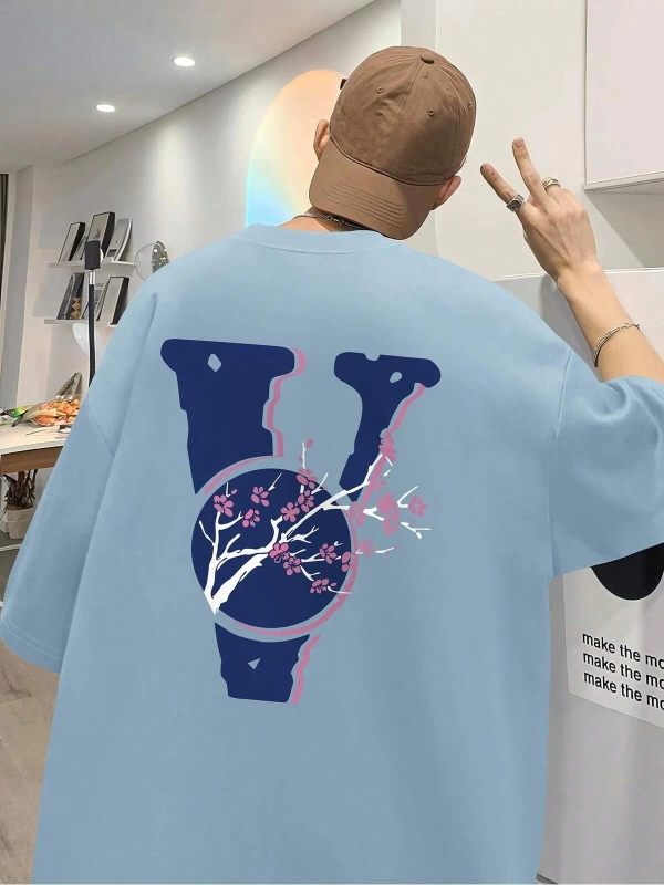 Unisex Oversize Kalıp Çiçekli ve Harfli Grafik Damla Omuz Harajuku Style