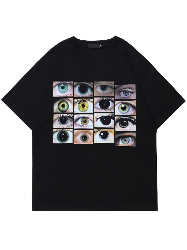 Unisex Oversize Kalıp Göz Baskılı Damla Omuz Harajuku Style
