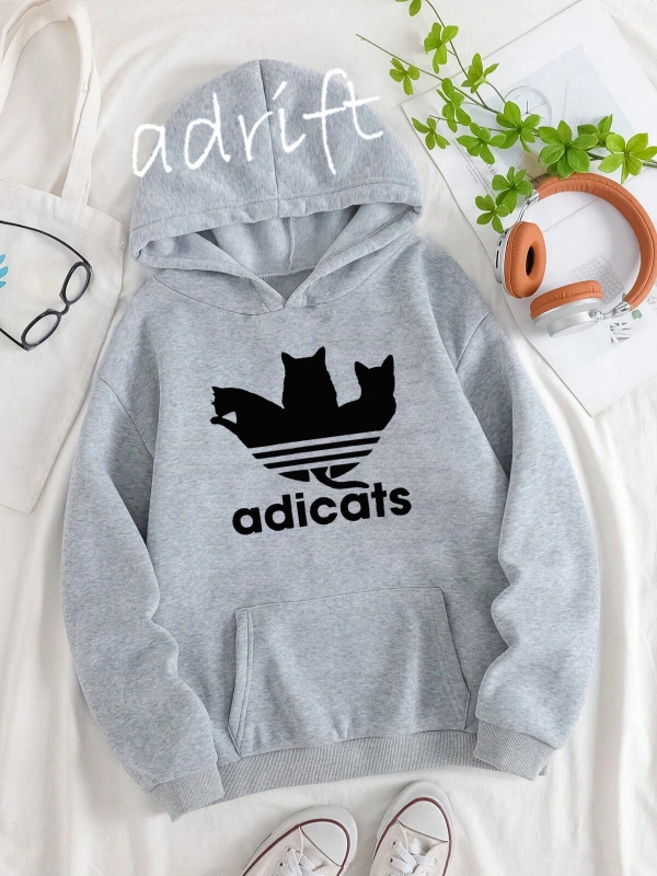 Unisex Oversize Kapüşonlu Kanguru Cepli Adicats Baskılı Gri