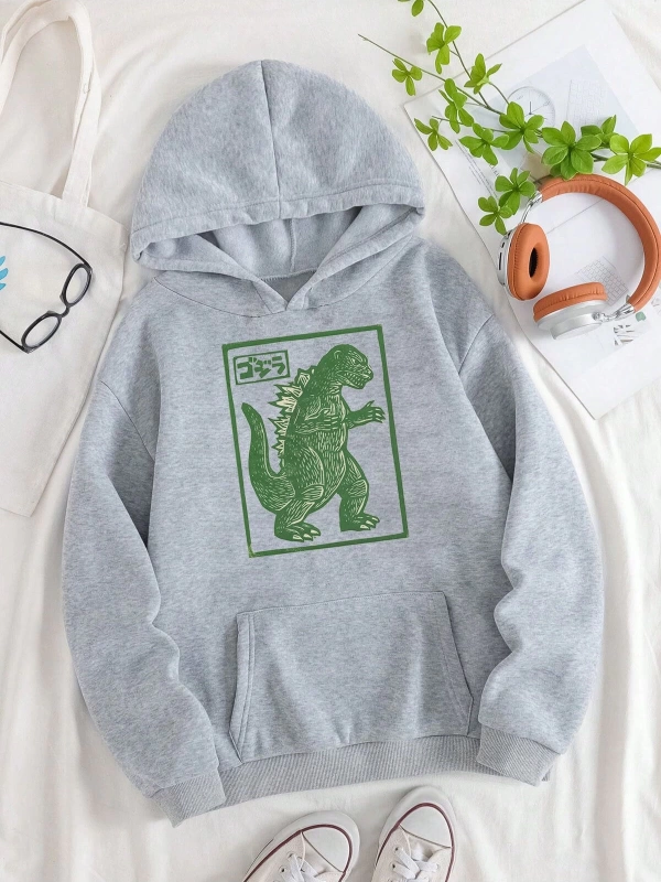 Unisex Oversize Kapüşonlu Kanguru Cepli Goodzila Baskılı