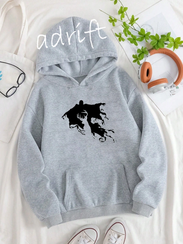 Unisex Oversize Kapüşonlu Kanguru Cepli Harry Potter Baskılı Gri