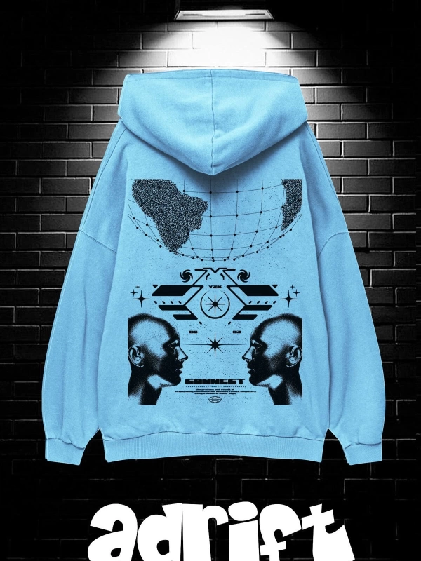 Unisex Oversize Kapüşonlu Kanguru Cepli Resro Futurısm Baskılı Sweatshirt Hoodie