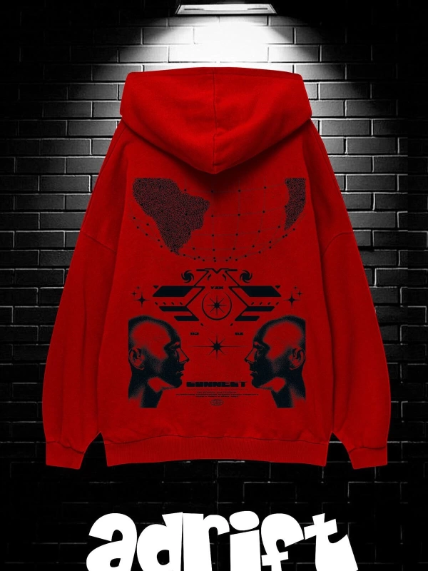 Unisex Oversize Kapüşonlu Kanguru Cepli Resro Futurısm Baskılı Sweatshirt Hoodie