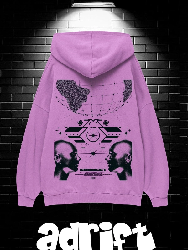 Unisex Oversize Kapüşonlu Kanguru Cepli Resro Futurısm Baskılı Sweatshirt Hoodie