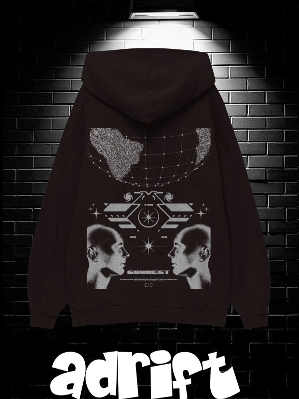 Unisex Oversize Kapüşonlu Kanguru Cepli Resro Futurısm Baskılı Sweatshirt Hoodie