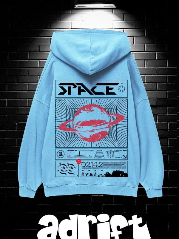 Unisex Oversize Kapüşonlu Kanguru Cepli Space Worldred Baskılı Sweatshirt Hoodie