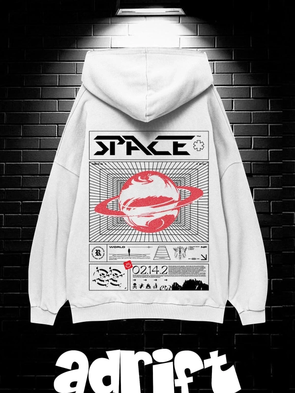 Unisex Oversize Kapüşonlu Kanguru Cepli Space Worldred Baskılı Sweatshirt Hoodie