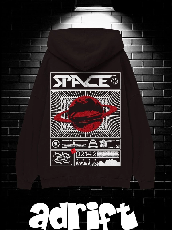 Unisex Oversize Kapüşonlu Kanguru Cepli Space Worldred Baskılı Sweatshirt Hoodie