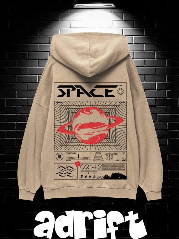 Unisex Oversize Kapüşonlu Kanguru Cepli Space Worldred Baskılı Sweatshirt Hoodie