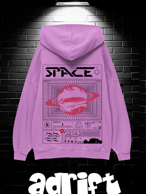 Unisex Oversize Kapüşonlu Kanguru Cepli Space Worldred Baskılı Sweatshirt Hoodie