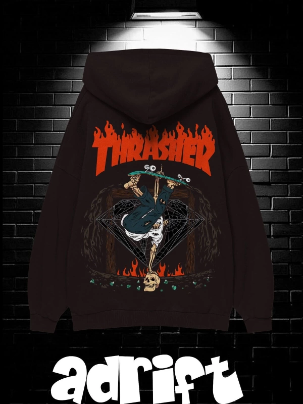 Unisex Oversize Kapüşonlu Kanguru Cepli Thrasher Baskılı Sweatshirt Hoodie