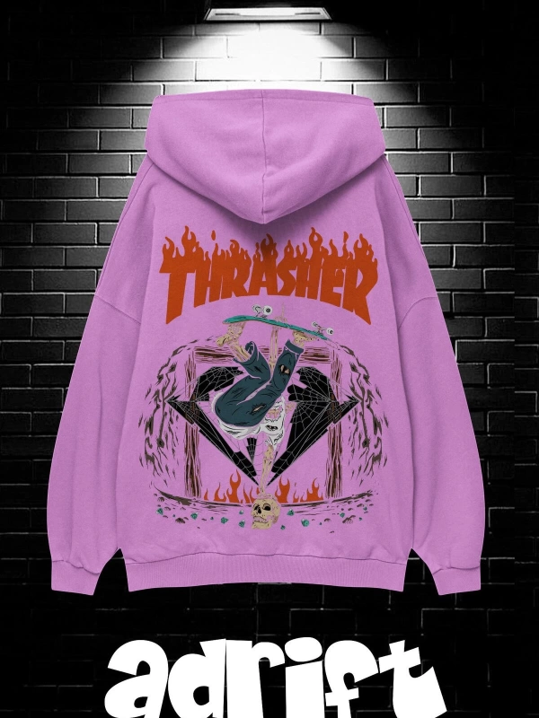 Unisex Oversize Kapüşonlu Kanguru Cepli Thrasher Baskılı Sweatshirt Hoodie