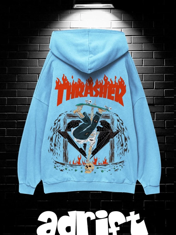 Unisex Oversize Kapüşonlu Kanguru Cepli Thrasher Baskılı Sweatshirt Hoodie