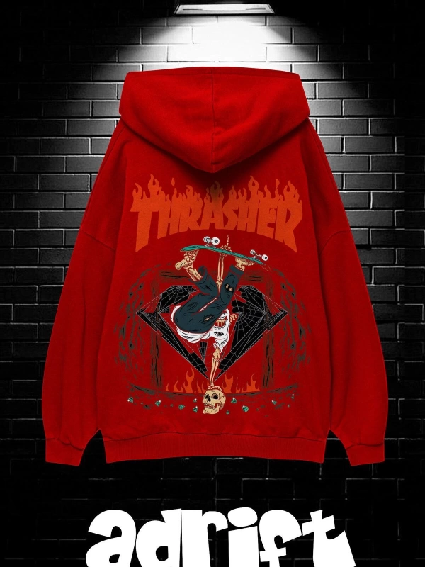 Unisex Oversize Kapüşonlu Kanguru Cepli Thrasher Baskılı Sweatshirt Hoodie