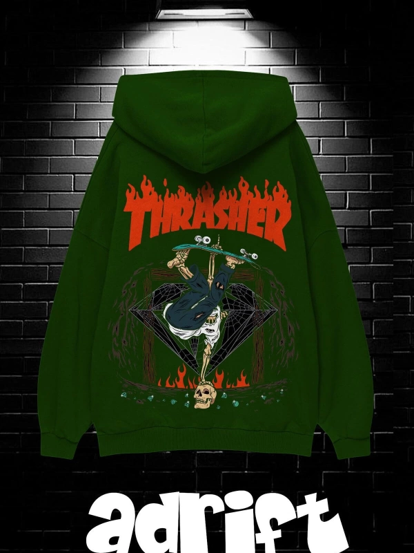 Unisex Oversize Kapüşonlu Kanguru Cepli Thrasher Baskılı Sweatshirt Hoodie
