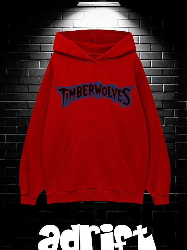 Unisex Oversize Kapüşonlu Kanguru Cepli Timberwolves Baskılı Sweatshirt Hoodie