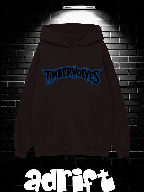 Unisex Oversize Kapüşonlu Kanguru Cepli Timberwolves Baskılı Sweatshirt Hoodie