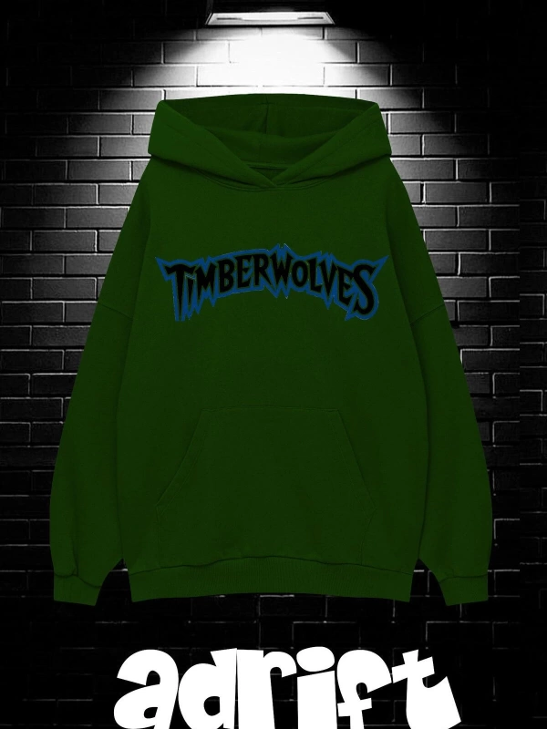 Unisex Oversize Kapüşonlu Kanguru Cepli Timberwolves Baskılı Sweatshirt Hoodie