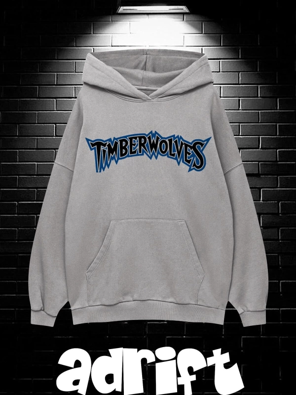 Unisex Oversize Kapüşonlu Kanguru Cepli Timberwolves Baskılı Sweatshirt Hoodie