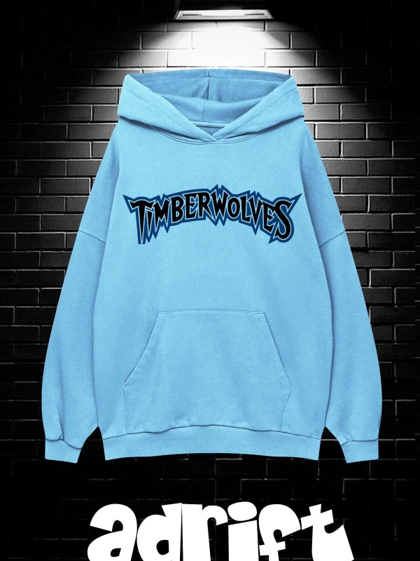 Unisex Oversize Kapüşonlu Kanguru Cepli Timberwolves Baskılı Sweatshirt Hoodie