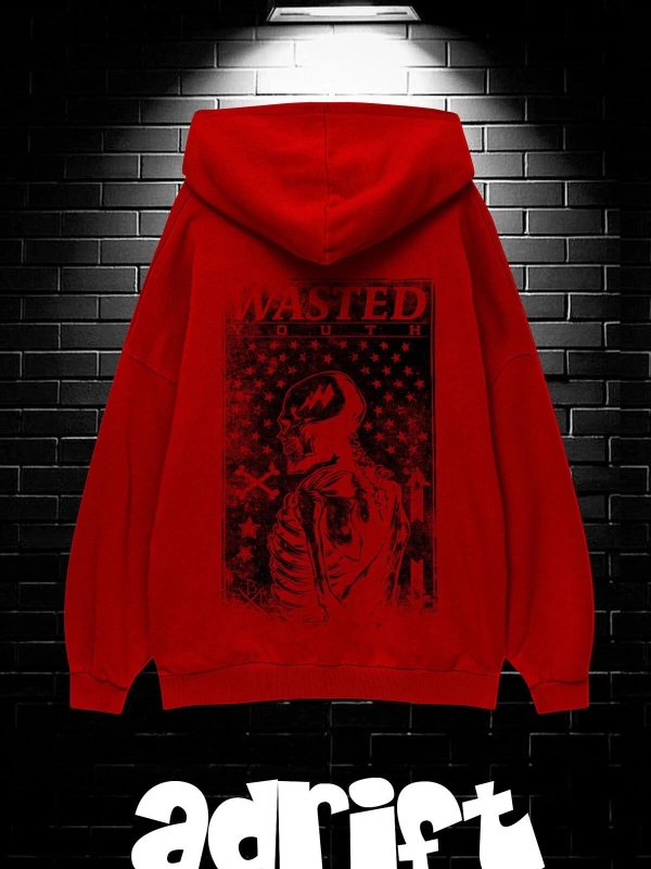 Unisex Oversize Kapüşonlu Kanguru Cepli Wasted Baskılı Sweatshirt Hoodie