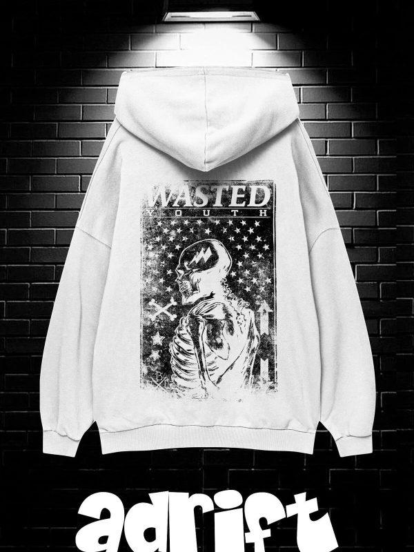 Unisex Oversize Kapüşonlu Kanguru Cepli Wasted Baskılı Sweatshirt Hoodie