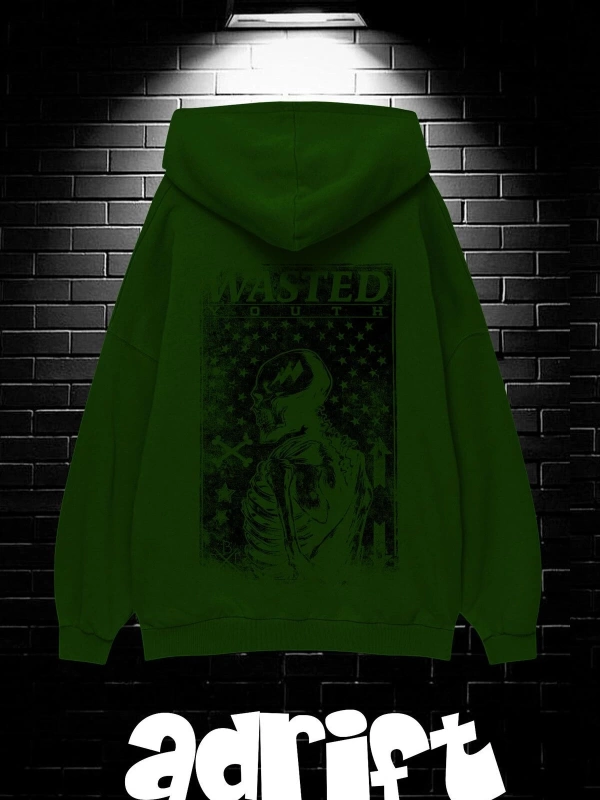 Unisex Oversize Kapüşonlu Kanguru Cepli Wasted Baskılı Sweatshirt Hoodie