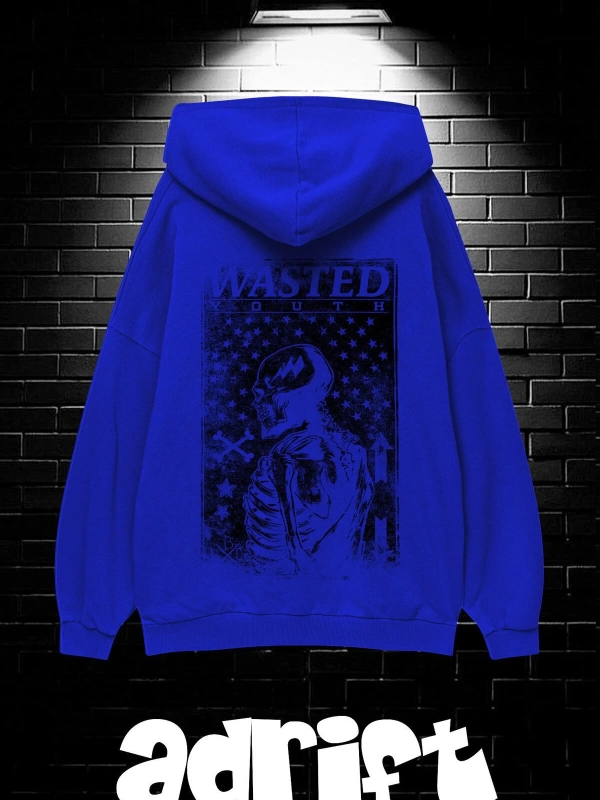 Unisex Oversize Kapüşonlu Kanguru Cepli Wasted Baskılı Sweatshirt Hoodie