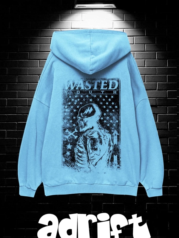 Unisex Oversize Kapüşonlu Kanguru Cepli Wasted Baskılı Sweatshirt Hoodie