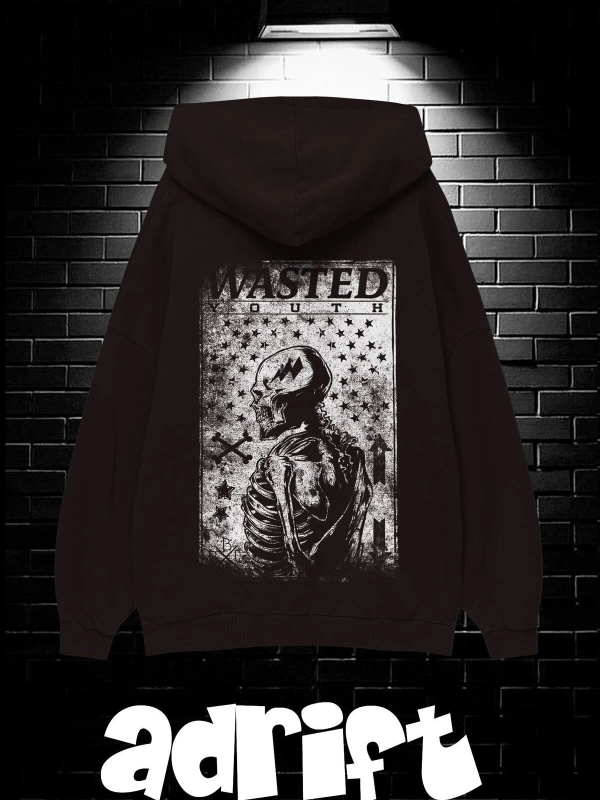 Unisex Oversize Kapüşonlu Kanguru Cepli Wasted Baskılı Sweatshirt Hoodie