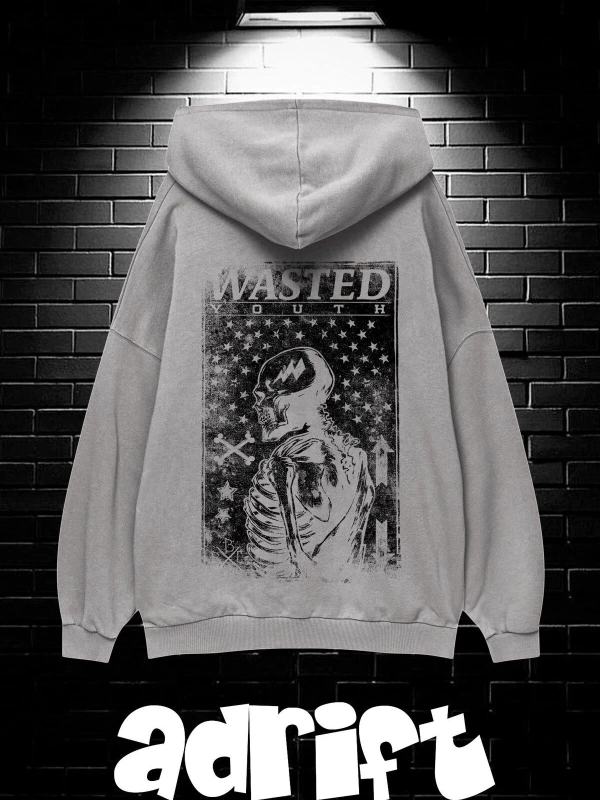 Unisex Oversize Kapüşonlu Kanguru Cepli Wasted Baskılı Sweatshirt Hoodie
