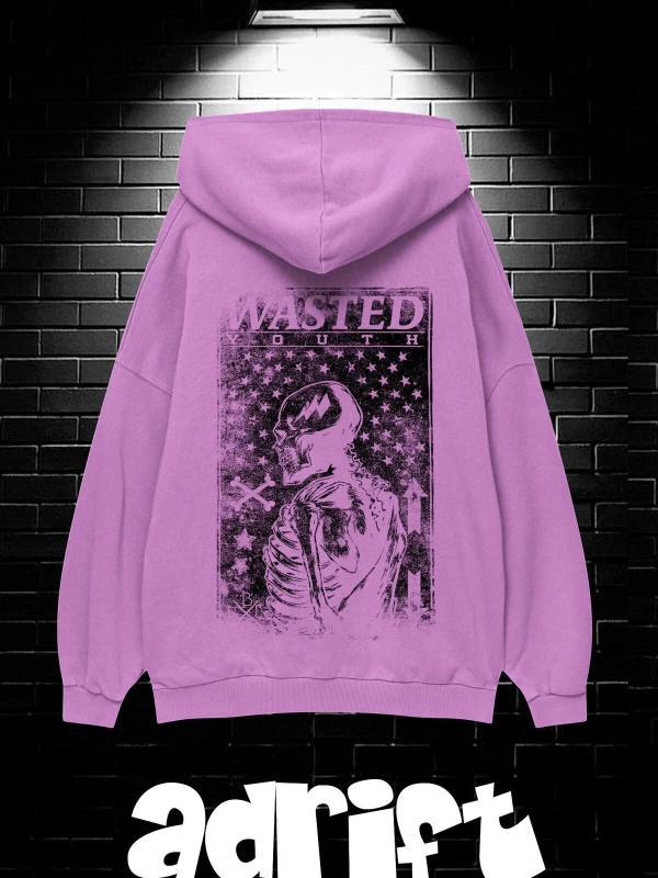 Unisex Oversize Kapüşonlu Kanguru Cepli Wasted Baskılı Sweatshirt Hoodie