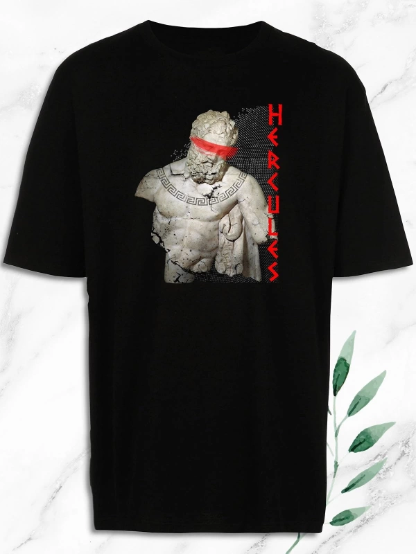 Unisex Oversize Mitoloji Herkül Herakles Heykel Baskılı Siyah Tişört