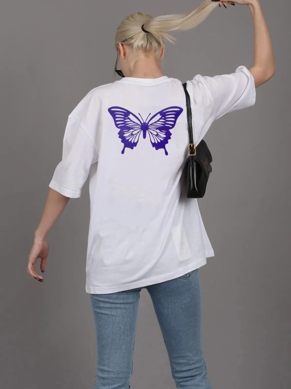 Unisex Rahat Kesim Mor Kelebek Oversize T-shirt