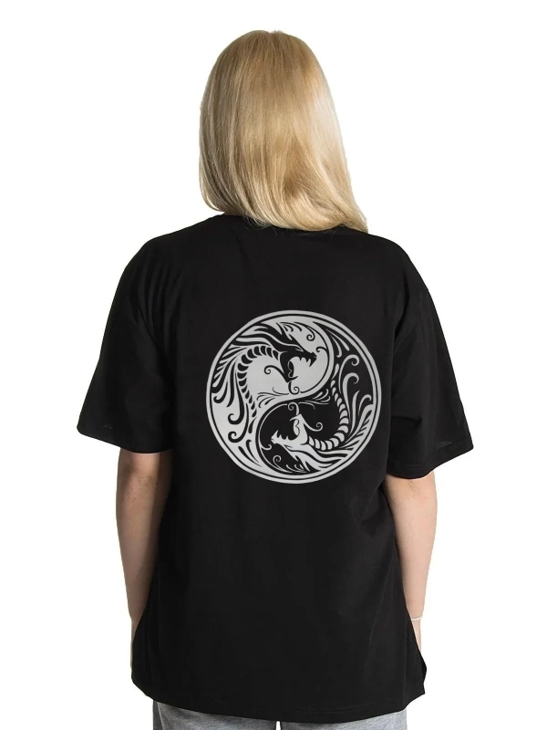 Unisex Reflektör Baskı Ying Yang Dragon Rahat Kesim Oversize T-shirt