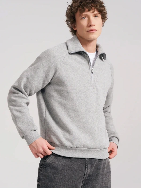 Unisex Relaxed Fit Yarım Fermuarlı Dik Yaka Sweatshirt Gri melanj